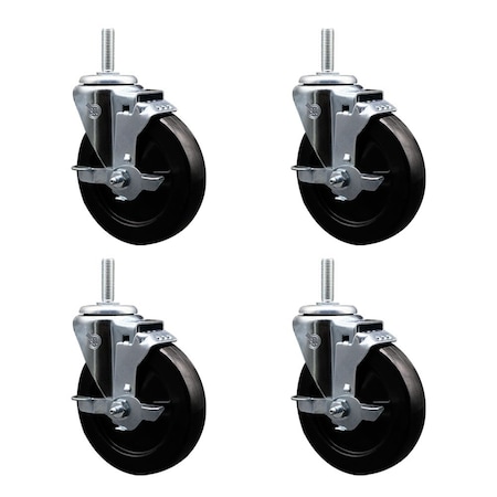 Service Caster 5 Inch Soft Rubber Wheel Swivel 58 Inch Threaded Stem Caster Set with Brake SCC SCC-TS20S514-SRS-TLB-58212-4